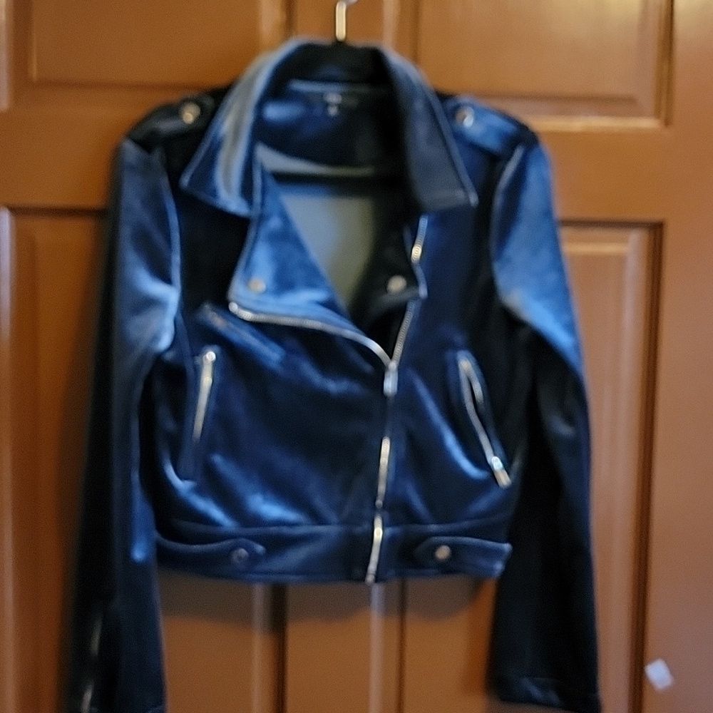 Fate-Blue velour moto jacket cropped with zippers Size Medium.